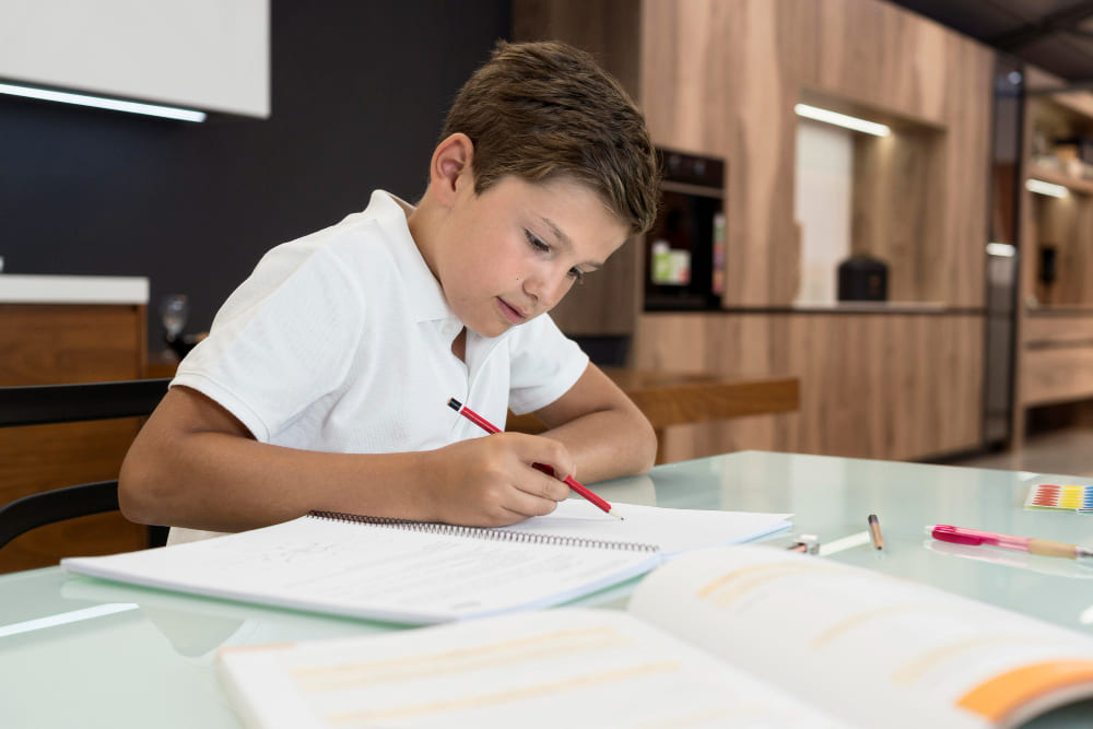 Niño pequeño haciendo los deberes libros libreta con lápiz