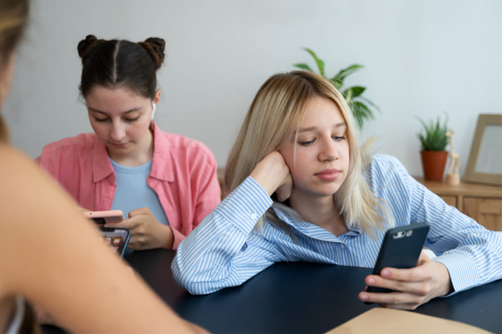 Chicas adolescentes de vista frontal sentadas con teléfonos móviles